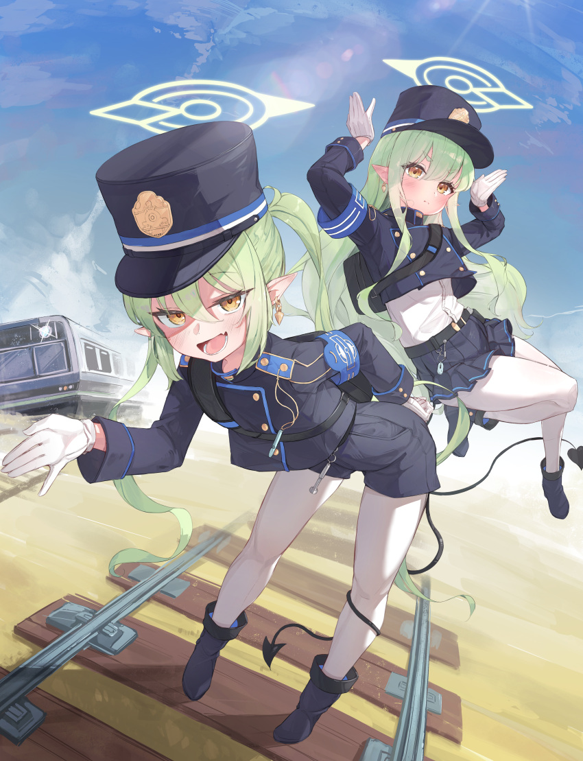 2girls :d absurdres arm_behind_back bag bent_over blue_archive blue_jacket blue_shorts blush boots buttons demon_girl demon_tail double-breasted full_body gloves green_halo grey_hair hair_between_eyes halo hand_up hat highres hikari_(blue_archive) jacket leaning_forward legs_apart long_hair looking_at_viewer midair multiple_girls outdoors pantyhose railroad_tracks short_shorts shorts shoulder_bag siblings sisters smile smug standing tail tail_around_own_leg thighs toast_bun train twins twintails very_long_hair white_gloves yellow_eyes