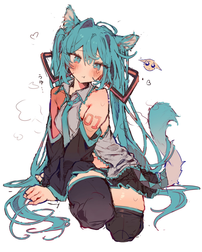 1girl ahoge animal_ears aqua_eyes aqua_hair aqua_necktie bare_shoulders black_skirt black_sleeves blush boots cat_ears cat_tail closed_mouth collared_shirt detached_sleeves emoji grey_shirt hair_ornament hatsune_miku heart highres kemonomimi_mode long_hair looking_at_viewer navel necktie number_tattoo otintin pleading_face_emoji pleated_skirt shirt simple_background sitting skirt sleeveless sleeveless_shirt solo steam sweat tail tattoo tearing_up thigh_boots twintails very_long_hair vocaloid white_background