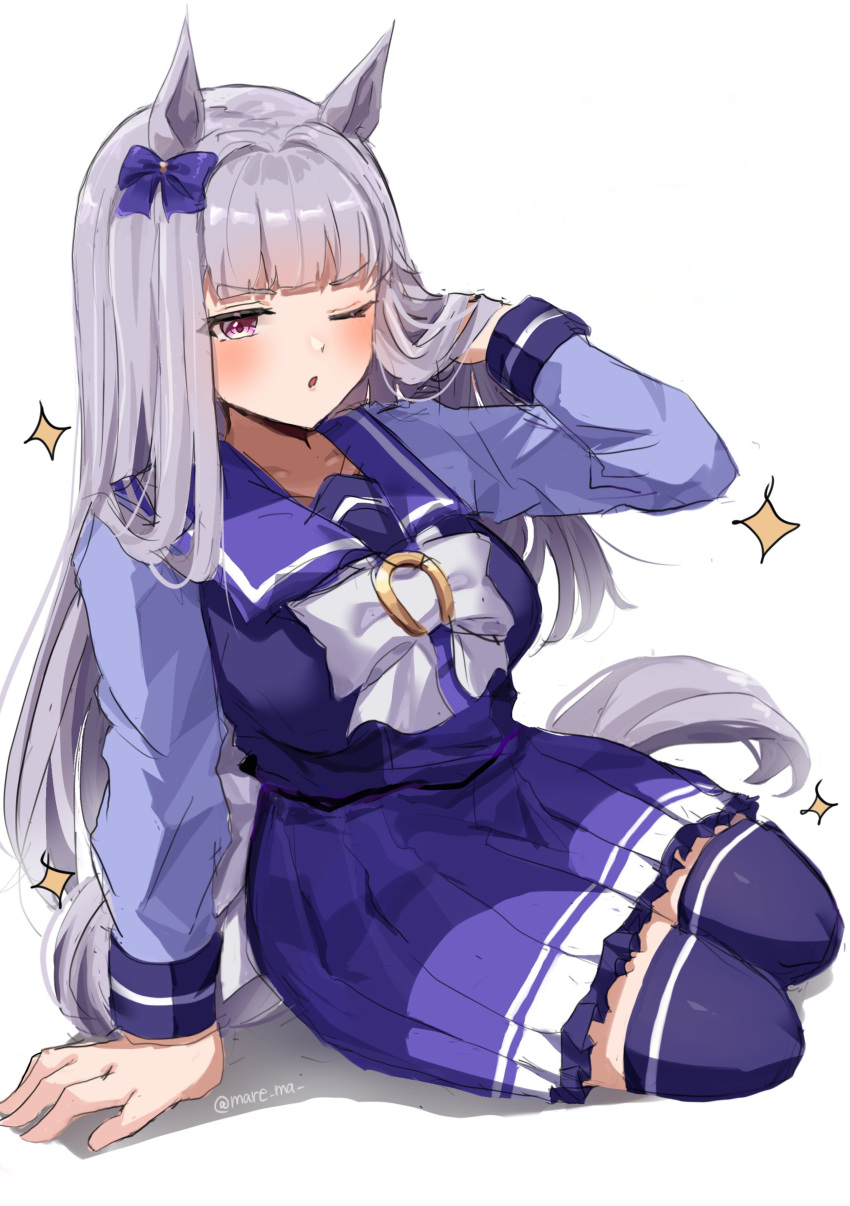 1girl absurdres animal_ears blush bow breasts commentary_request ear_bow gold_ship_(umamusume) grey_hair highres horse_ears horse_girl horse_tail large_breasts long_hair long_sleeves mare_ma one_eye_closed open_mouth pleated_skirt purple_bow purple_eyes purple_serafuku purple_shirt purple_skirt purple_thighhighs sailor_collar school_uniform serafuku shirt simple_background sitting skirt solo sparkle tail thighhighs tracen_school_uniform umamusume white_background white_bow winter_uniform yokozuwari