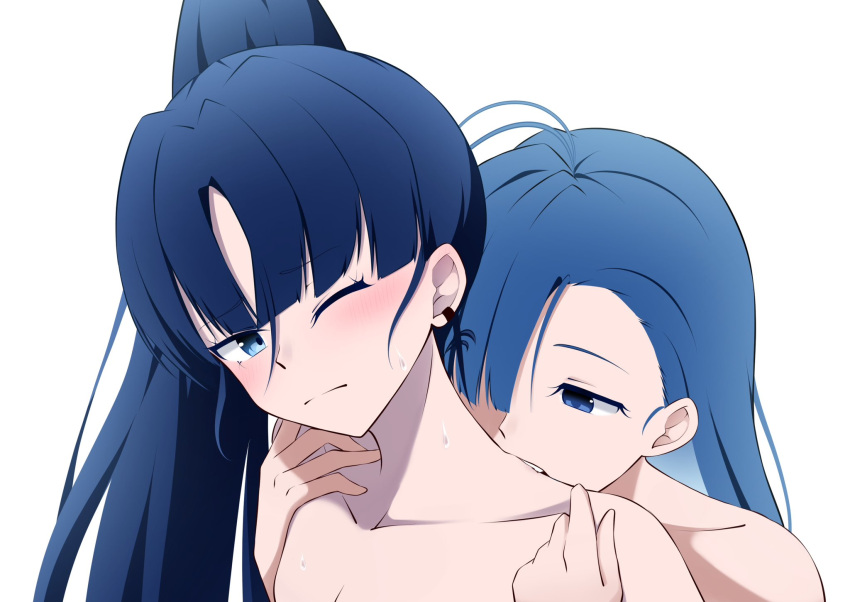 2girls ado_(utaite) bare_shoulders biting_shoulder blue_eyes breasts cleavage closed_mouth collarbone commentary_request hair_over_one_eye highres long_hair merry_(ado) multiple_girls naima_(ado) nori_(norinori_yrl) nude one_eye_closed ponytail readymade_(ado) simple_background sweat upper_body usseewa white_background yuri