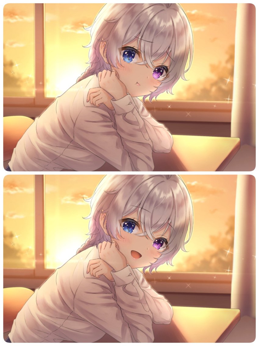 1girl :t blue_eyes blush braid classroom desk elbow_rest heterochromia highres leaning_on_table long_hair long_sleeves looking_at_viewer multiple_views open_mouth original purple_eyes sakunagita smile sunset white_hair window