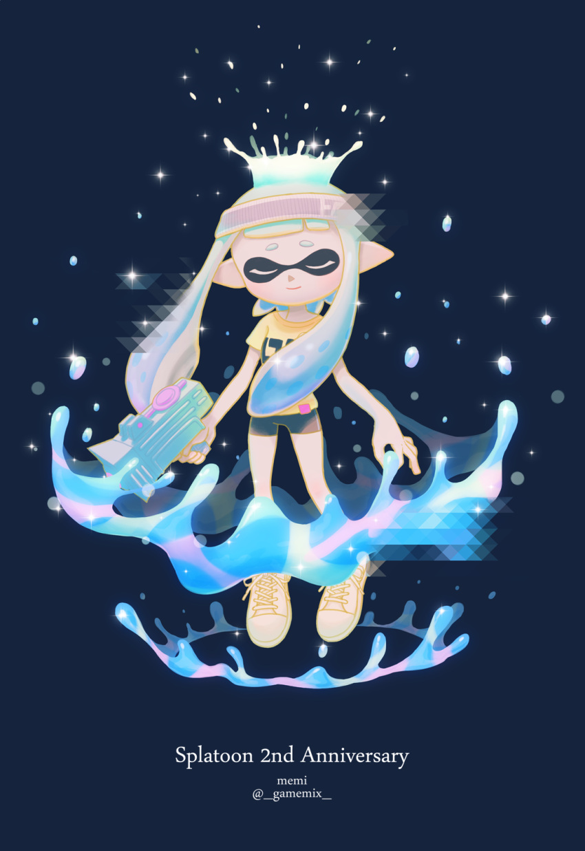 1girl anniversary black_shorts blue_background blue_hair closed_eyes closed_mouth copyright_name facing_viewer full_body gun highres holding holding_gun holding_weapon inkling inkling_girl inkling_player_character liquid_hair long_hair memi_(gamemix) pointy_ears shirt shorts solo splash_crown splatoon_(series) splatoon_2 splattershot_jr_(splatoon) water_drop weapon yellow_shirt