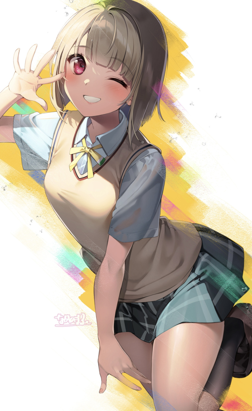 1girl absurdres black_socks blue_skirt blush bow bowtie breasts brown_footwear brown_vest checkered_clothes checkered_skirt commentary hand_up highres legs light_brown_hair looking_at_viewer love_live! love_live!_nijigasaki_high_school_idol_club multicolored_background nakano_maru nakasu_kasumi nijigasaki_academy_school_uniform one_eye_closed pink_eyes school_uniform shirt short_hair short_sleeves sidelocks skirt small_breasts smile socks solo summer_uniform teeth thighs vest waving white_shirt wing_collar yellow_bow yellow_bowtie