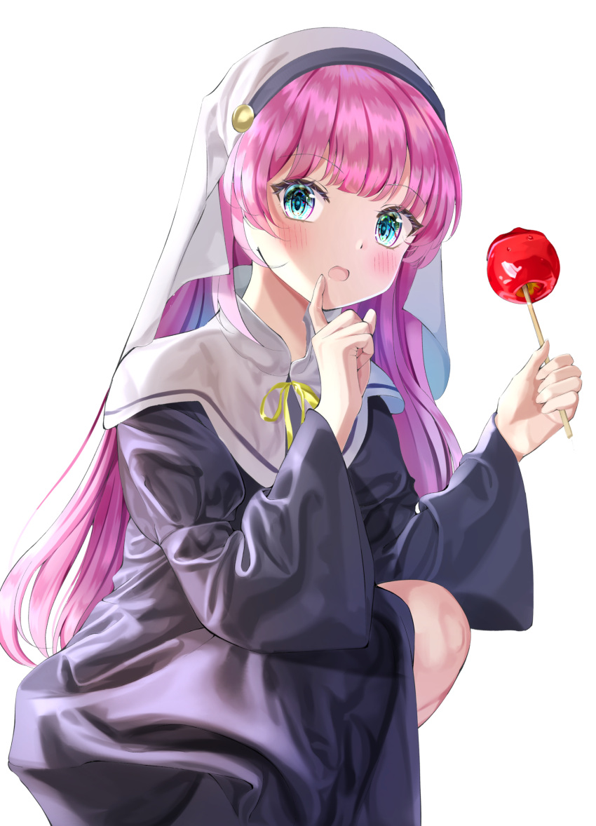 1girl absurdres bangs black_dress blue_eyes blunt_bangs blush candy_apple commentary dress eyebrows_visible_through_hair finger_to_mouth food hands_up highres holding holding_food index_finger_raised kamisama_ni_natta_hi long_hair long_sleeves looking_at_viewer neck_ribbon nun open_mouth orodji_(shinorozi) pink_hair ribbon satou_hina_(kamisama_ni_natta_hi) simple_background solo squatting veil white_background yellow_ribbon