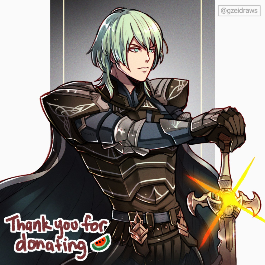 1boy armor artist_name belt byleth_(fire_emblem) byleth_(male)_(fire_emblem) cape closed_mouth commentary commission english_commentary enlightened_byleth_(male) fire_emblem fire_emblem:_three_houses fire_emblem_cipher gauntlets glint gradient_background green_eyes green_hair grey_background gzei hair_between_eyes highres holding holding_sword holding_weapon male_focus medium_hair pillarboxed shoulder_armor simple_background solo sword thank_you weapon