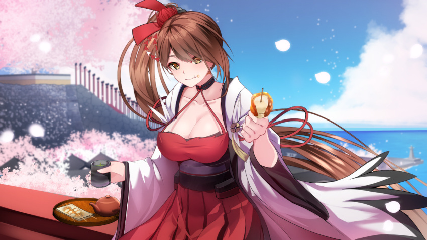 1girl azur_lane blush breasts brown_hair cherry_blossoms cleavage commentary_request cup dango day food food_on_face hair_over_one_eye hand_up holding holding_cup ishida_katsuzane japanese_clothes kimono large_breasts long_hair long_sleeves outdoors pink_petals pleated_skirt reaching reaching_towards_viewer red_skirt sharing side_ponytail sitting skirt smile solo spring_(season) tea teacup tree very_long_hair wagashi white_kimono wide_sleeves yellow_eyes zuikaku_(azur_lane)