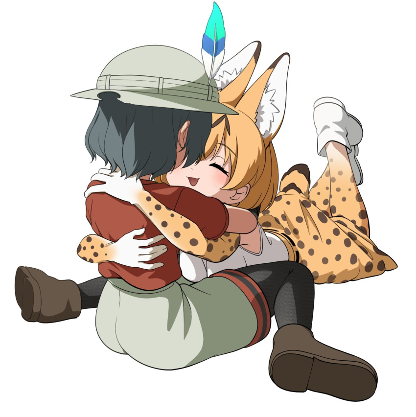 2girls :3 animal_ears bare_shoulders black_hair black_pantyhose blonde_hair blush boots brown_footwear cat_ears cat_girl cat_tail closed_eyes elbow_gloves extra_ears gloves grey_shorts hat_feather helmet high-waist_skirt highres hug kaban_(kemono_friends) kemono_friends multiple_girls pantyhose pith_helmet print_gloves print_skirt print_thighhighs red_shirt serval_(kemono_friends) serval_print shirt short_hair short_sleeves shorts sitting skirt sleeveless t-shirt tail thighhighs wariza white_footwear white_shirt yakorou-san