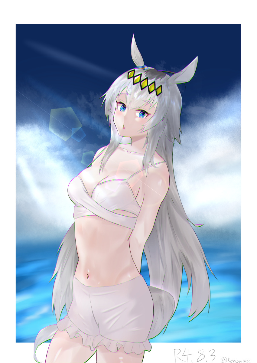 1girl absurdres ahoge alternate_costume animal_ears arms_behind_back bare_shoulders bikini blue_eyes blue_sky blush border breasts cleavage cloud cloudy_sky commentary_request cowboy_shot ear_ornament grey_hair highres horse_ears horse_girl horse_tail kencya0327 lens_flare medium_breasts multicolored_hair oguri_cap_(umamusume) open_mouth outdoors outside_border sky solo streaked_hair swimsuit tail twitter_username umamusume white_bikini white_border