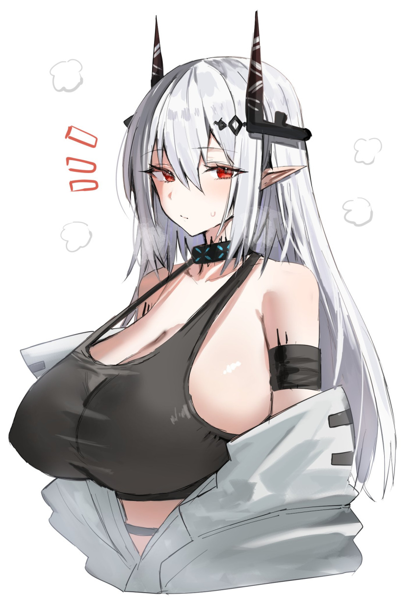 1girl arknights armband black_armband black_horns black_sports_bra breasts covered_nipples cropped_torso highres horn/wood horns large_breasts long_hair looking_at_viewer looking_to_the_side material_growth mudrock_(arknights) oripathy_lesion_(arknights) pointy_ears red_eyes simple_background solo sports_bra white_background white_hair