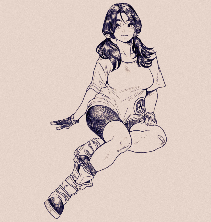 1girl absurdres bike_shorts boots breasts dragon_ball dragon_ball_z fingerless_gloves full_body gloves hair_over_shoulder highres low_twintails monochrome original robo_ink shirt short_sleeves sideways_glance simple_background sitting sketch smile socks solo t-shirt twintails videl