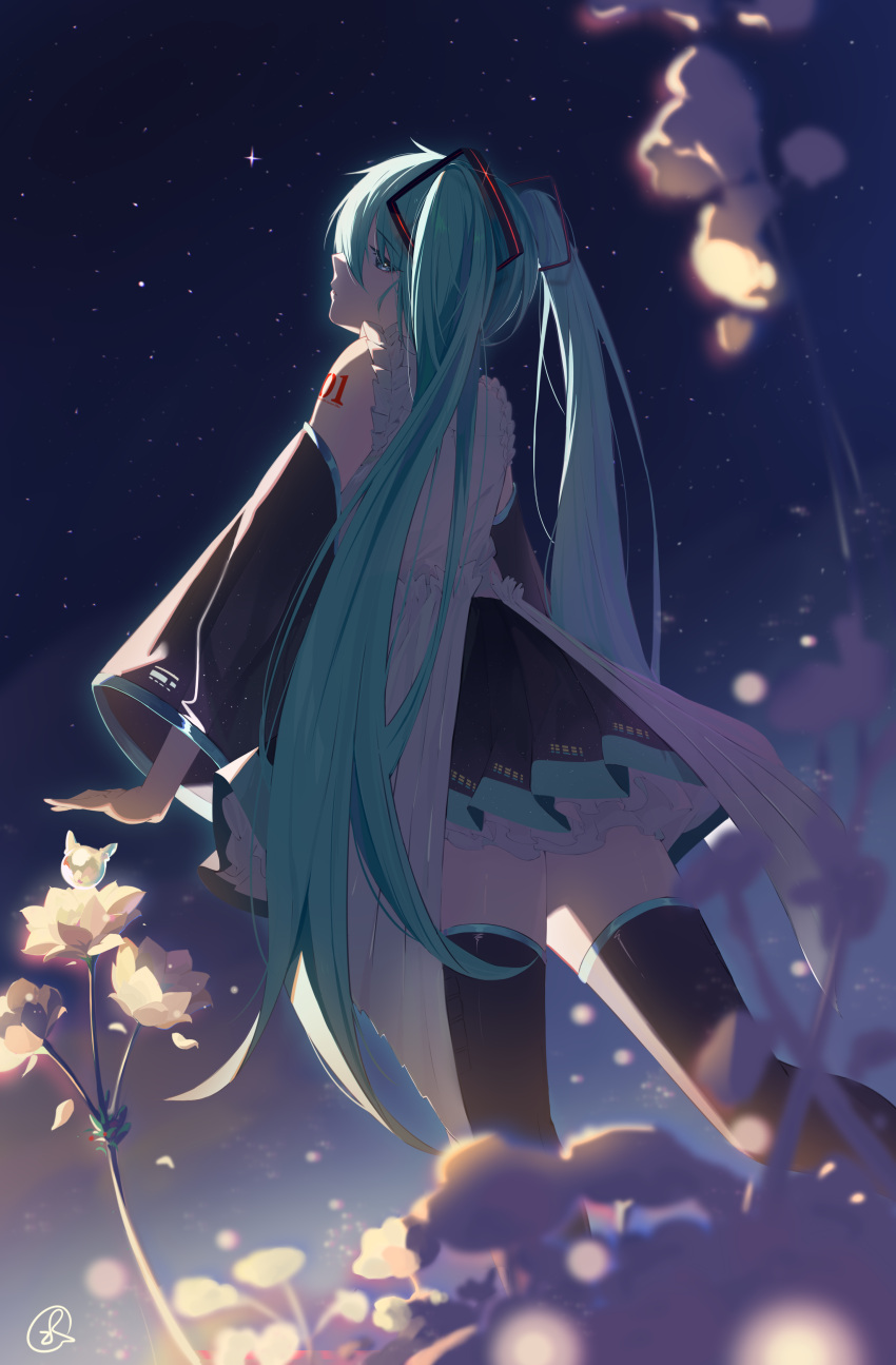 1girl absurdres aqua_eyes aqua_hair black_skirt black_sleeves black_thighhighs blurry blurry_foreground commentary_request detached_sleeves dutch_angle flower frilled_shirt frills from_behind hair_between_eyes hatsune_miku head_back highres layered_skirt long_hair looking_back miniskirt night night_sky number_tattoo outdoors outstretched_arm parted_lips pleated_skirt shirt shoulder_tattoo signature skirt sky solo standing star_(sky) tattoo thighhighs twintails user_dmn7126 very_long_hair vocaloid white_flower white_shirt wide_sleeves zettai_ryouiki