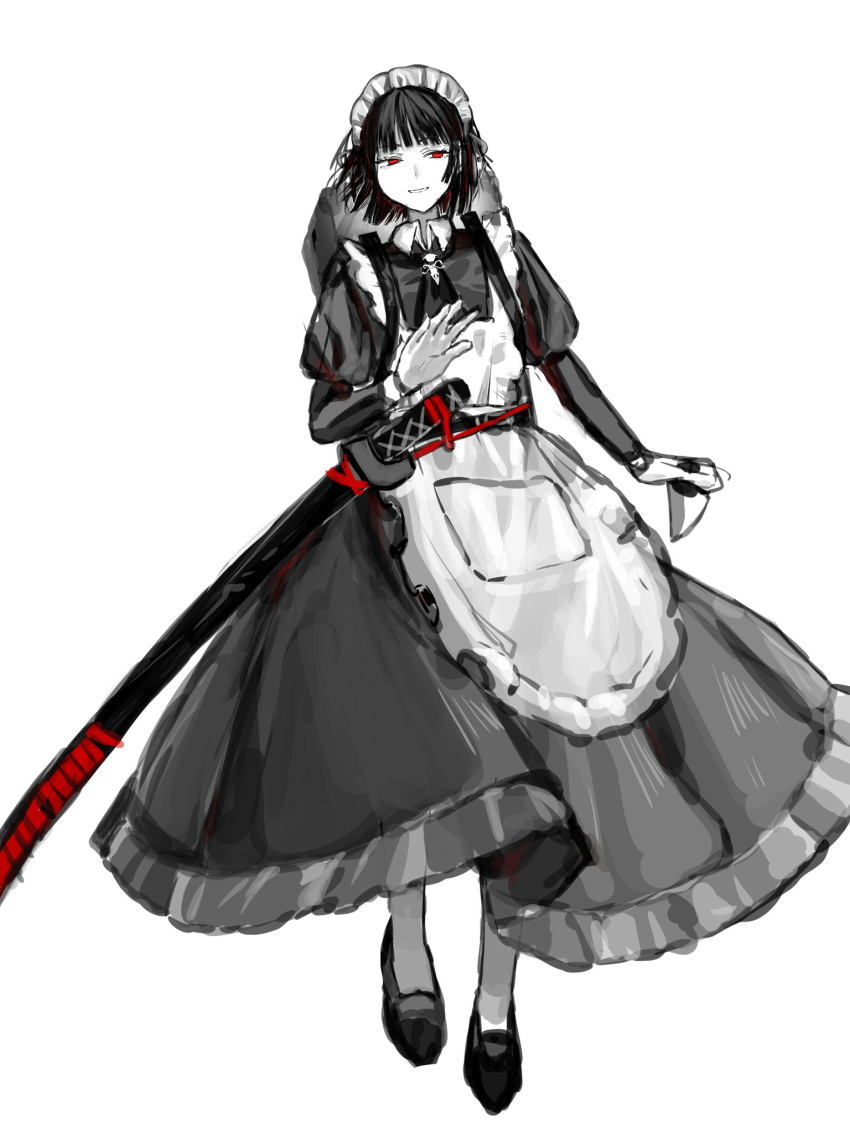 1girl apron black_hair full_body heart_skzo highres holding holding_knife katana knife limbus_company maid maid_apron maid_headdress project_moon red_eyes ryoshu_(project_moon) sheath sheathed short_hair solo sword weapon