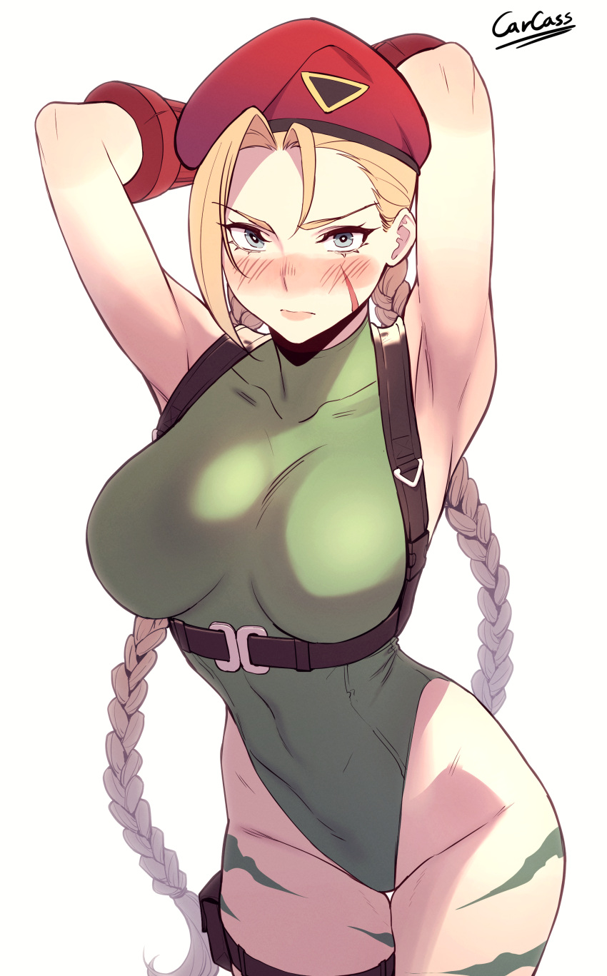 1girl absurdres armpits arms_behind_head artist_name beret blonde_hair blue_eyes blush braid breasts cammy_white carcass_(artist) closed_mouth commentary_request covered_navel green_leotard hat highres korean_commentary large_breasts leotard long_hair looking_at_viewer red_hat scar scar_on_cheek scar_on_face simple_background solo street_fighter thighs twin_braids very_long_hair white_background