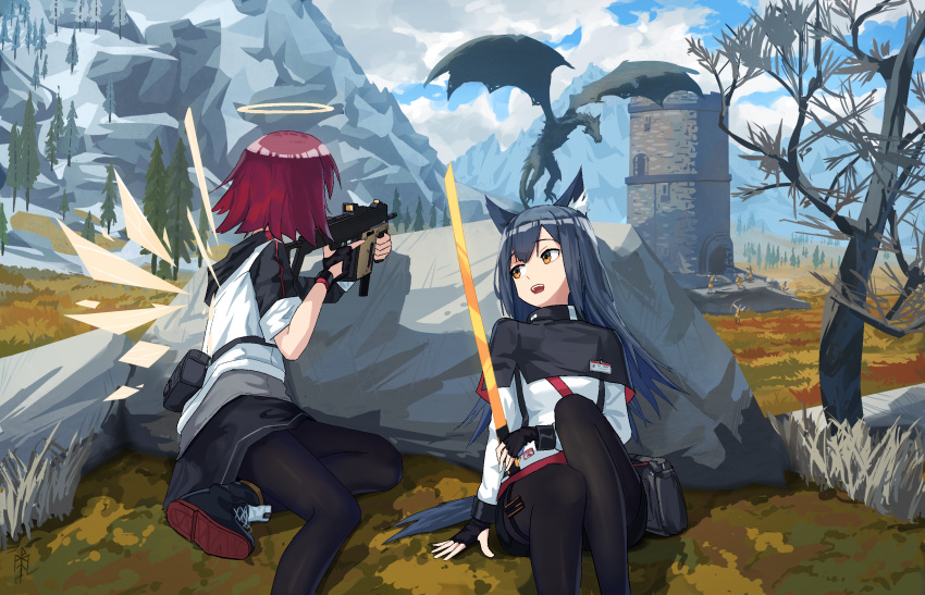 2girls aiming animal_ear_fluff animal_ears arknights arm_support bag black_capelet black_pantyhose black_skirt capelet cloud cloudy_sky detached_wings dragon exusiai_(arknights) feet_out_of_frame fingerless_gloves gloves grey_hair gun halo highres hood hoodie kriss_vector long_hair multiple_girls outdoors pantyhose red_hair rock round_teeth shoes short_hair sitting skirt sky sleeves_rolled_up sneakers submachine_gun tail teeth texas_(arknights) the_elder_scrolls the_elder_scrolls_v:_skyrim tower tree trigger_discipline weapon wings wolf_ears wolf_tail wuschelminityp yellow_eyes