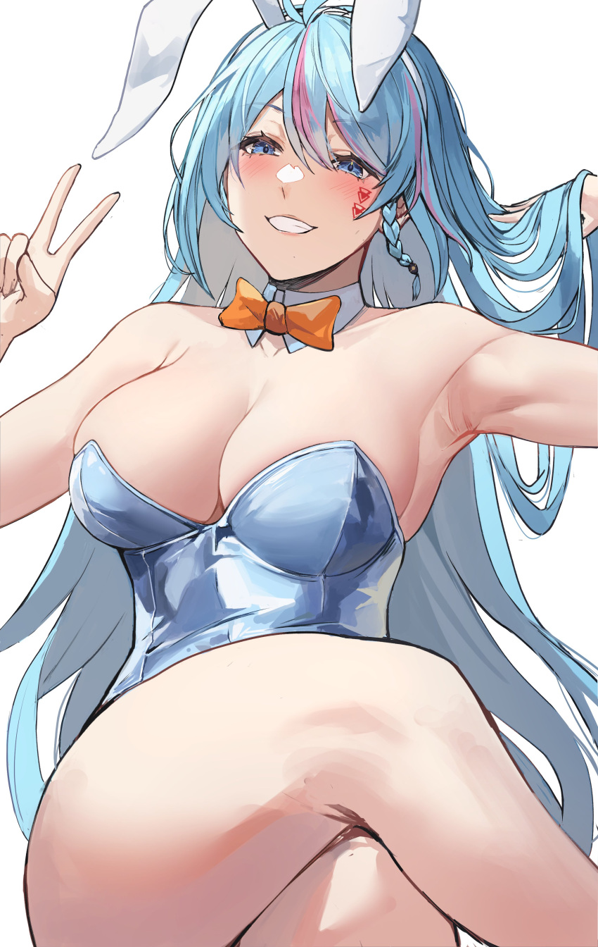 absurdres animal_ears armpit_crease armpits azura_cecillia blue_eyes blue_hair blush braid breasts cleavage crossed_legs dobure18 english_commentary facial_mark fake_animal_ears hand_in_own_hair highres large_breasts long_hair looking_at_viewer multicolored_hair nijisanji nijisanji_id pink_hair playboy_bunny rabbit_ears smile streaked_hair thighs v very_long_hair virtual_youtuber