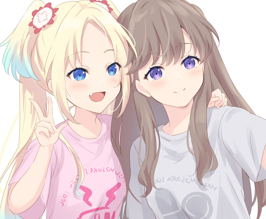 2girls :d absurdres arm_at_side blonde_hair blue_eyes blue_hair blush brown_hair closed_mouth fang flower fujishima_megumi gradient_hair grey_shirt hair_flower hair_ornament hand_on_another's_shoulder highres kan_kanna light_blue_hair link!_like!_love_live! long_hair love_live! mira-cra_park! multicolored_hair multiple_girls open_mouth osawa_rurino parted_bangs pink_shirt print_shirt purple_eyes red_flower selfie shirt simple_background skin_fang smile split_mouth t-shirt tsukine_kona twintails two_side_up voice_actor w white_background white_flower yutuki_ame