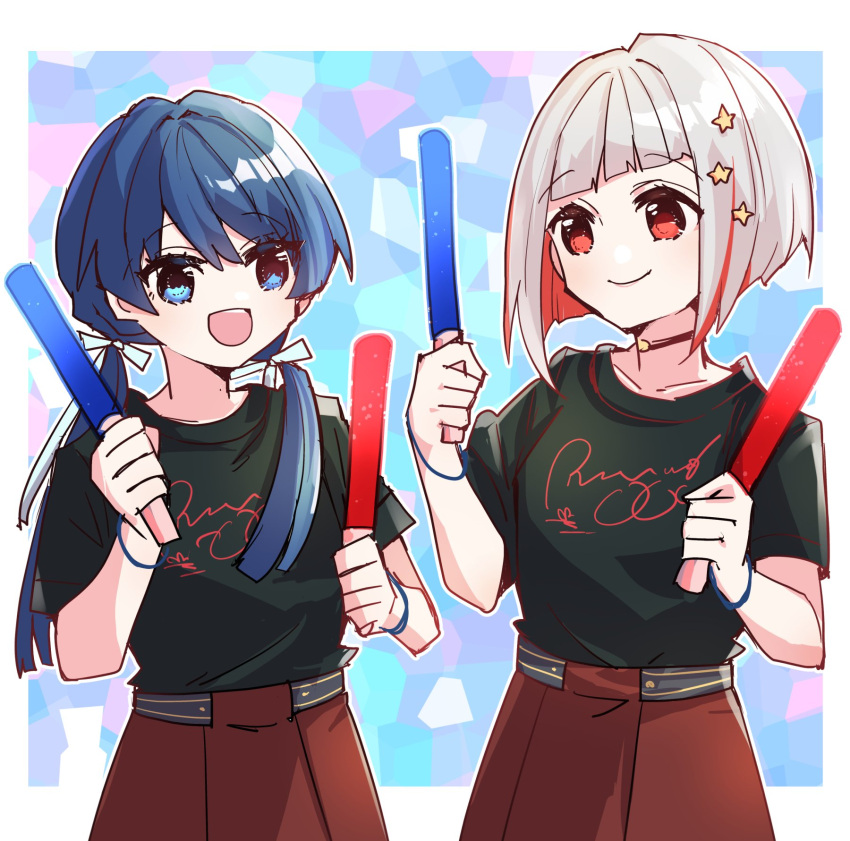 2girls :d black_shirt blue_background blue_eyes blue_hair blue_ribbon bob_cut border brown_skirt closed_mouth collarbone colored_inner_hair commentary_request dark_blue_hair diagonal_bangs dollchestra glowstick grey_hair hair_ornament hair_ribbon hands_up hasu_no_sora_school_uniform highres holding_glowstick inverted_bob kanduki_kamibukuro link!_like!_love_live! long_hair looking_at_another love_live! low_twintails mole mole_on_neck mosaic_background multicolored_background multicolored_hair multiple_girls murano_sayaka open_mouth outside_border penlight_(glowstick) pink_background pleated_skirt purple_background red_eyes red_hair ribbon school_uniform shirt short_hair short_sleeves skirt smile star_(symbol) star_hair_ornament streaked_hair t-shirt twintails virtual_youtuber white_border winter_uniform yugiri_tsuzuri