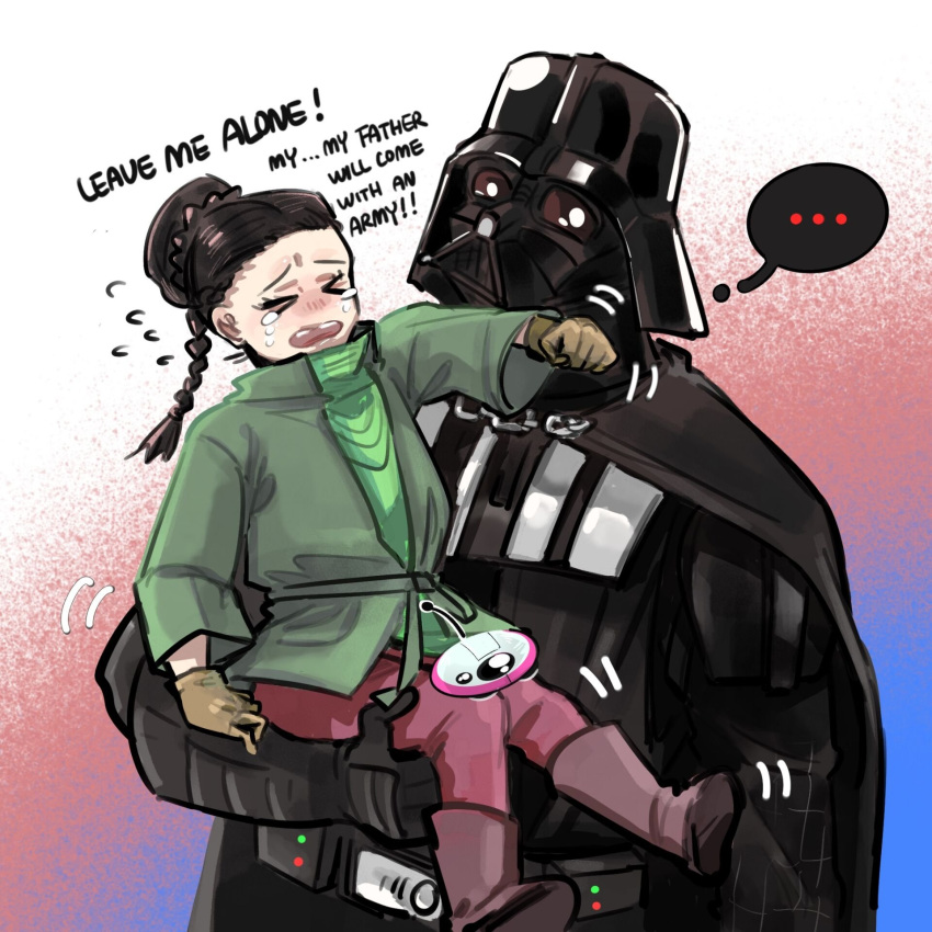 1boy 1girl 1other black_cape blush boots cape child crying darth_vader father_and_daughter helmet highres obi-wan_kenobi_(disney+) princess_leia_organa_solo robot sarlydro_l star_wars