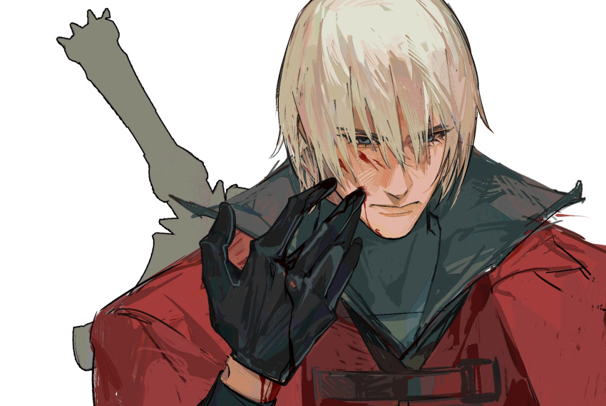 1boy bishounen blood blood_on_face blue_eyes closed_mouth coat dante_(devil_may_cry) devil_may_cry_(anime) devil_may_cry_(series) feznda gloves hair_between_eyes highres holding long_bangs long_hair male_focus necktie necktie_grab neckwear_grab portrait rebellion_(sword) red_coat simple_background solo white_hair