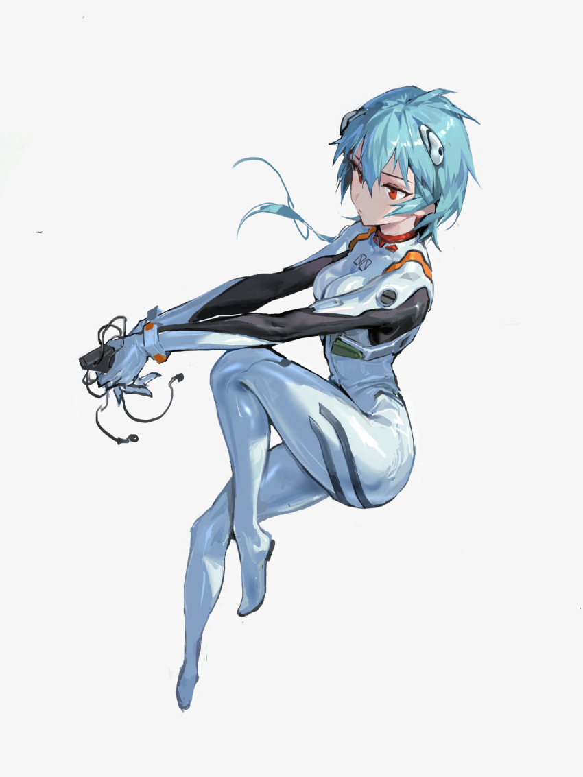 1girl :| absurdres arms_on_knees ayanami_rei blue_hair bodysuit breasts closed_mouth collar controller cuffs expressionless full_body hair_between_eyes hairpods hands_up highres holding holding_controller interface_headset invisible_chair leg_up light_blue_hair long_hair looking_ahead medium_breasts neon_genesis_evangelion orange_collar orange_eyes pilot_suit plugsuit rongzhen sidelocks simple_background sitting solo white_background white_bodysuit wind