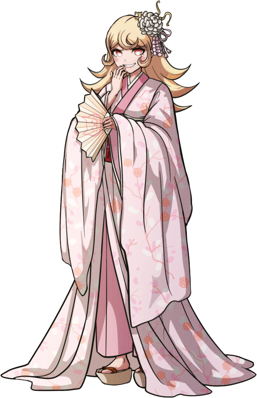 &gt;:) 1girl alternate_costume alternate_hairstyle blonde_hair chomaeki danganronpa_(series) danganronpa_3_(anime) evil_smile flower hair_flower hair_ornament hand_fan highres holding holding_fan japanese_clothes kimono official_alternate_costume official_alternate_hairstyle pink_kimono red_eyes saionji_hiyoko smile solo v-shaped_eyebrows