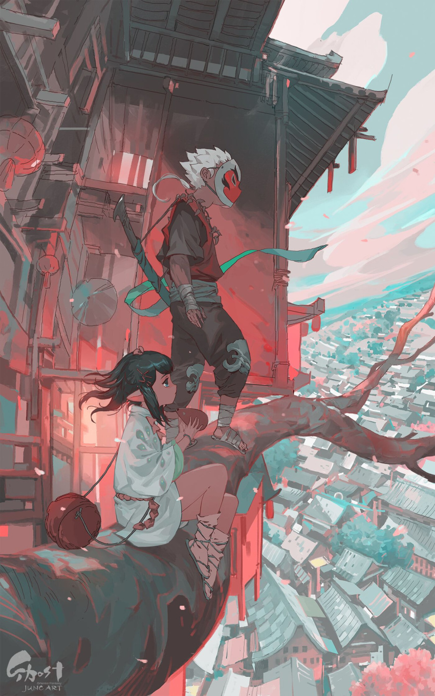 1boy 1girl architecture bandages basket black_hair blue_eyes bottle bracelet branch building city cityscape cloud cloudy_sky day east_asian_architecture from_side hair_ornament highres holding holding_bottle house japanese_clothes jewelry kimono long_sleeves mask medium_hair necklace original outdoors pointy_ears print_kimono sandals sash scenery sheath sheathed short_hair short_kimono sidelocks sitting sitting_on_branch sky slippers socks standing sword tabi weapon wenjun_lin white_hair white_kimono white_socks wide_sleeves