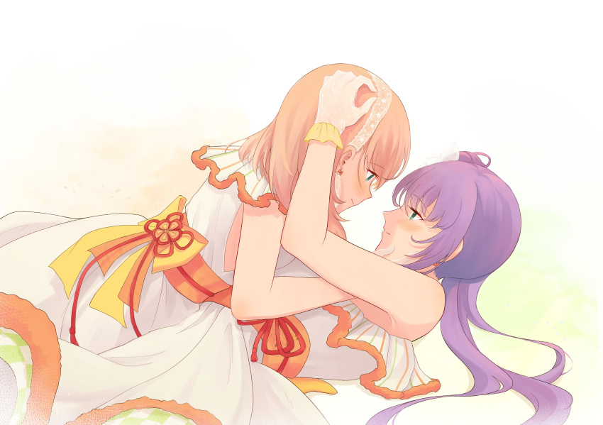 2girls armpit_crease back_bow bow bow_earrings cerise_bouquet closed_mouth commentary_request dress earrings eye_contact face-to-face girl_on_top green_background green_eyes hairband hand_on_another's_cheek hand_on_another's_face hand_on_another's_head highres hinoshita_kaho jewelry lace_hairband link!_like!_love_live! long_hair looking_at_another love_live! lying medium_hair multiple_girls on_back orange_background orange_hair orange_sash orange_trim otomune_kozue purple_hair risai side_ponytail sidelocks single-shoulder_dress sleeveless sleeveless_dress smile suisai_sekai_(love_live!) vignetting watercolor_background white_background white_dress yuri