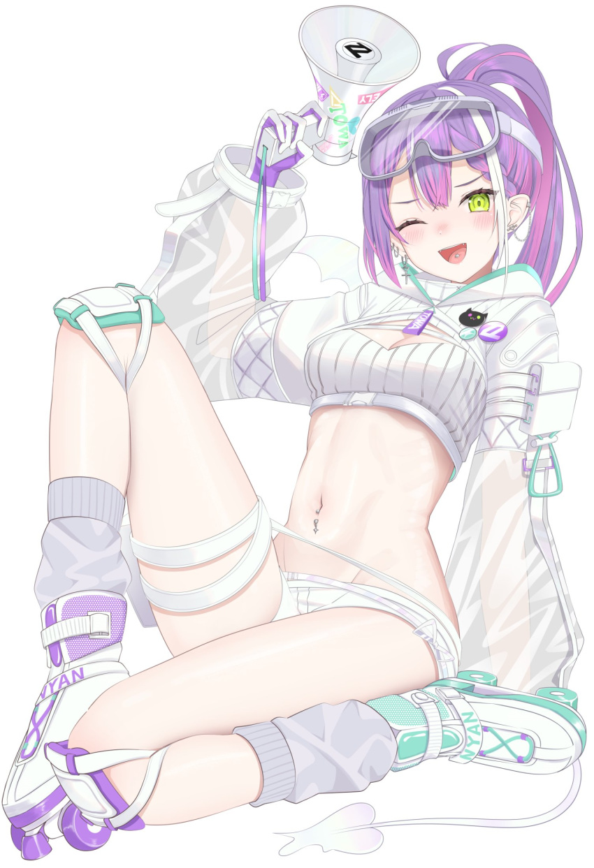 1girl :d arm_support blush crop_top ear_chain ear_piercing gloves goggles goggles_on_head green_eyes grey_socks highres holding holding_megaphone hololive hooded_shrug knee_up long_hair long_sleeves looking_at_viewer megaphone multicolored_hair navel navel_piercing one_eye_closed open_mouth piercing pink_hair ponytail purple_gloves purple_hair roller_skates see-through see-through_sleeves short_shorts shorts shrug_(clothing) sitting skates smile socks solo stomach strapless streaked_hair tojo_aoi tokoyami_towa tokoyami_towa_(5th_costume) tongue_piercing tube_top two-sided_gloves virtual_youtuber white_background white_footwear white_gloves white_shorts white_shrug white_tube_top