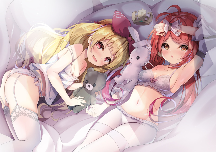 2girls :o anchor_symbol antenna_hair armpits azur_lane bare_shoulders bed blonde_hair blush bra breasts camisole commission crown detached_sleeves earrings eyebrows_visible_through_hair eyelashes fang garter_belt garter_straps hair_ornament hair_ribbon hand_on_own_head highres holding holding_stuffed_toy indoors jenkins_(azur_lane) jersey_(azur_lane) jewelry lingerie long_hair looking_at_viewer low_twintails lying madotsukumo mini_crown multiple_girls navel open_mouth panicking panties pantyhose pillow pink_ribbon red_eyes red_hair ribbon side-tie_panties skeb_commission small_breasts striped_camisole stuffed_animal stuffed_bunny stuffed_toy sunlight teddy_bear thighhighs thighs twintails underwear wavy_hair white_camisole white_legwear white_panties wrist_cuffs yellow_eyes