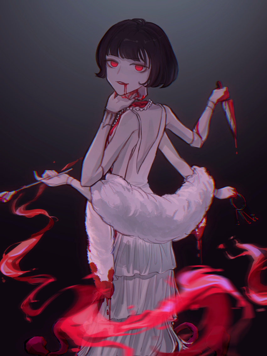 1girl backless_dress backless_outfit blood cultist_simulator disembodied_head dress extra_arms feather_boa highres hilda_dewitt jewelry knife mother_of_ants necklace pearl_necklace red_eyes short_hair sleeveless sleeveless_dress smoking_pipe solo white_dress