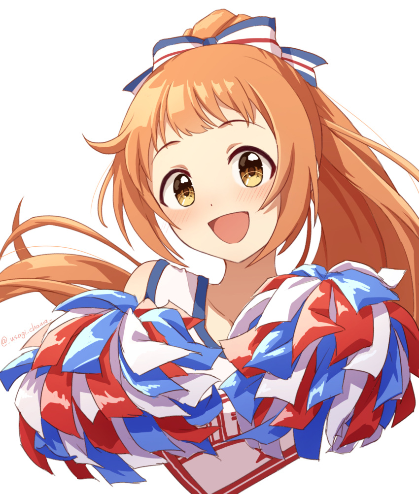 1girl blush bow cheerleader cropped_torso hair_bow highres holding holding_pom_poms idolmaster idolmaster_cinderella_girls jersey long_hair looking_at_viewer orange_hair pom_pom_(cheerleading) ponytail simple_background smile solo twitter_username usagichama very_long_hair wakabayashi_tomoka white_background yellow_eyes