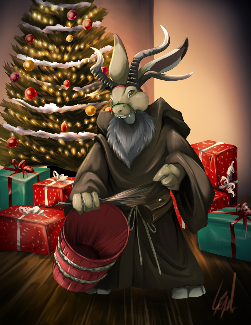 anthro barefoot basket brown_body brown_fur christmas christmas_tree clothed clothing container demon detailed_background fangs feet floor fully_clothed fur gift_box gift_wrapping hare hi_res holidays horn inside inviting krampus_costume lagomorph leporid male mammal plant rimpala robe signature smile solo stick teeth tree vog_gakk'ar wood wood_floor