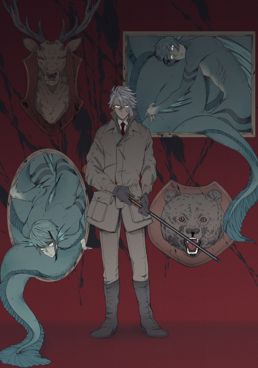 3boys alternate_form animal_head aqua_hair azul_ashengrotto bear_head black_hair blood blood_on_face blood_on_wall blue_eyes boots brothers coat deer_head eel_boy fins floyd_leech gills glasses gloves grey_coat grey_footwear grey_gloves grey_hair grey_pants gun hair_between_eyes head_fins heterochromia highres holding holding_gun holding_weapon jade_leech knee_boots long_sleeves looking_to_the_side male_focus monster_boy multicolored_hair multiple_boys necktie nude pants picture_frame pocket popped_collar red_background red_necktie short_hair siblings single_sidelock sitting standing streaked_hair tarao_(bbeucd1krwnsdnl) trophy_head twins twisted_wonderland upside-down weapon