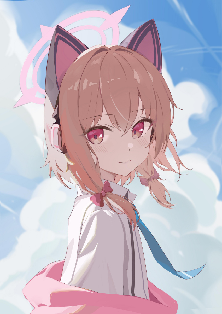 1girl absurdres animal_ear_headphones animal_ears blue_archive blue_necktie blue_sky blush bow brown_hair cat_ear_headphones closed_mouth cloud cloudy_sky collared_shirt commentary_request day fake_animal_ears from_side hair_between_eyes hair_bow halo headphones highres long_sleeves looking_at_viewer momoi_(blue_archive) necktie outdoors pink_bow pink_eyes pink_halo shirt short_hair sidelocks sky smile solo standing suspenders user_cthg5453 white_shirt