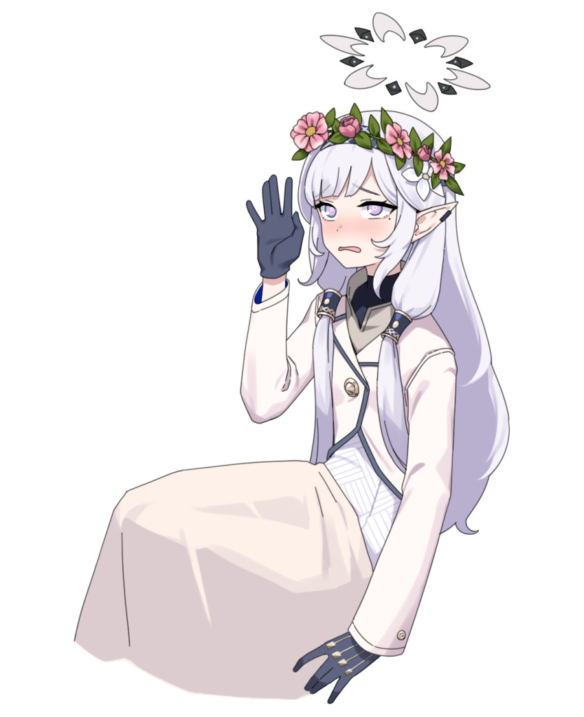 1girl artpatient black_gloves blue_archive blunt_bangs blush flat_chest flower_wreath gloves halo highres himari_(blue_archive) long_hair mole mole_under_eye open_mouth pointy_ears purple_eyes simple_background sitting skirt solo white_background white_hair