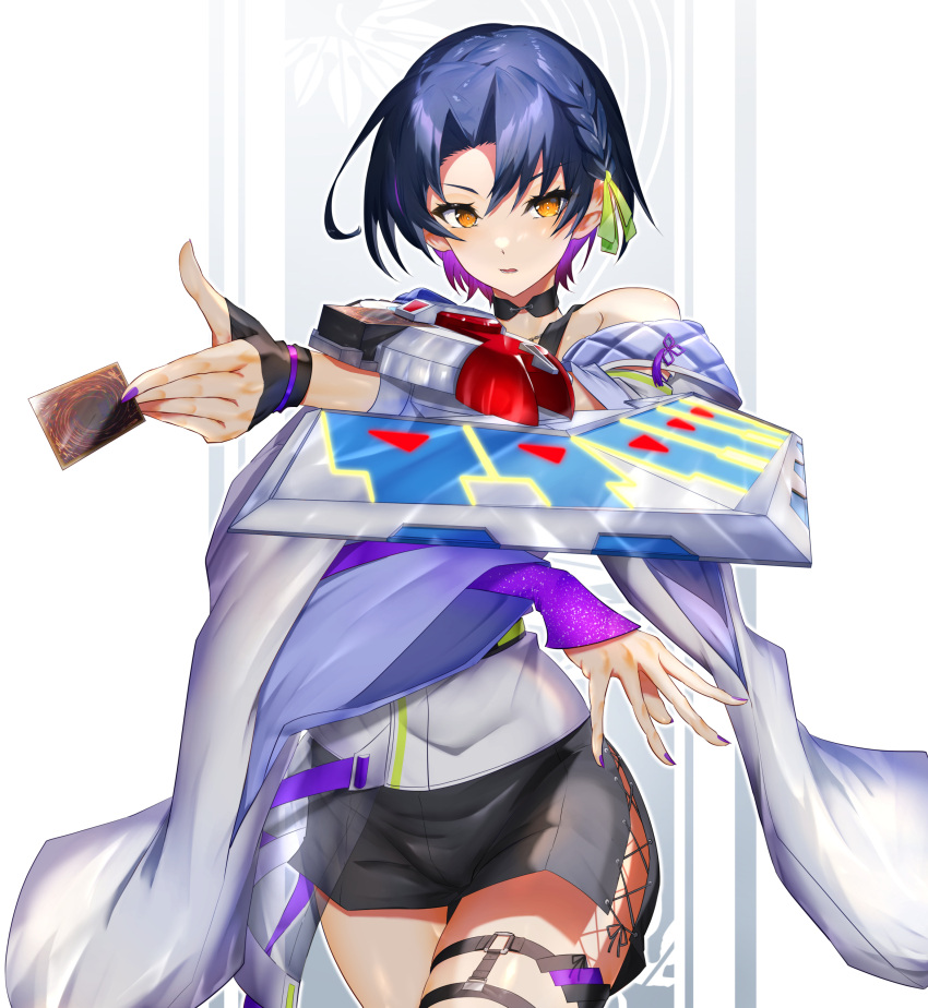 1girl absurdres bare_shoulders black_shorts blue_hair braid card cowboy_shot cross-laced_clothes cross-laced_shorts detached_sleeves duel_disk gloves half_gloves highres hirano_masatosh holding holding_card jacket long_sleeves looking_at_viewer nijisanji orange_eyes pink_nails purple_hair shorts side_braid simple_background single_glove solo thigh_strap trading_card white_background white_jacket white_sleeves wide_sleeves yamagami_karuta yamagami_karuta_(4th_costume) yu-gi-oh! yu-gi-oh!_duel_monsters