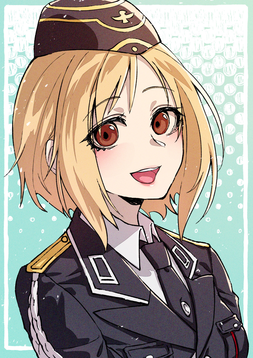 1girl absurdres blonde_hair brown_eyes commission eyebrows_visible_through_hair gamingpotete girls'_frontline highres looking_at_viewer military military_uniform mp40_(girls'_frontline) necktie short_hair simple_background uniform