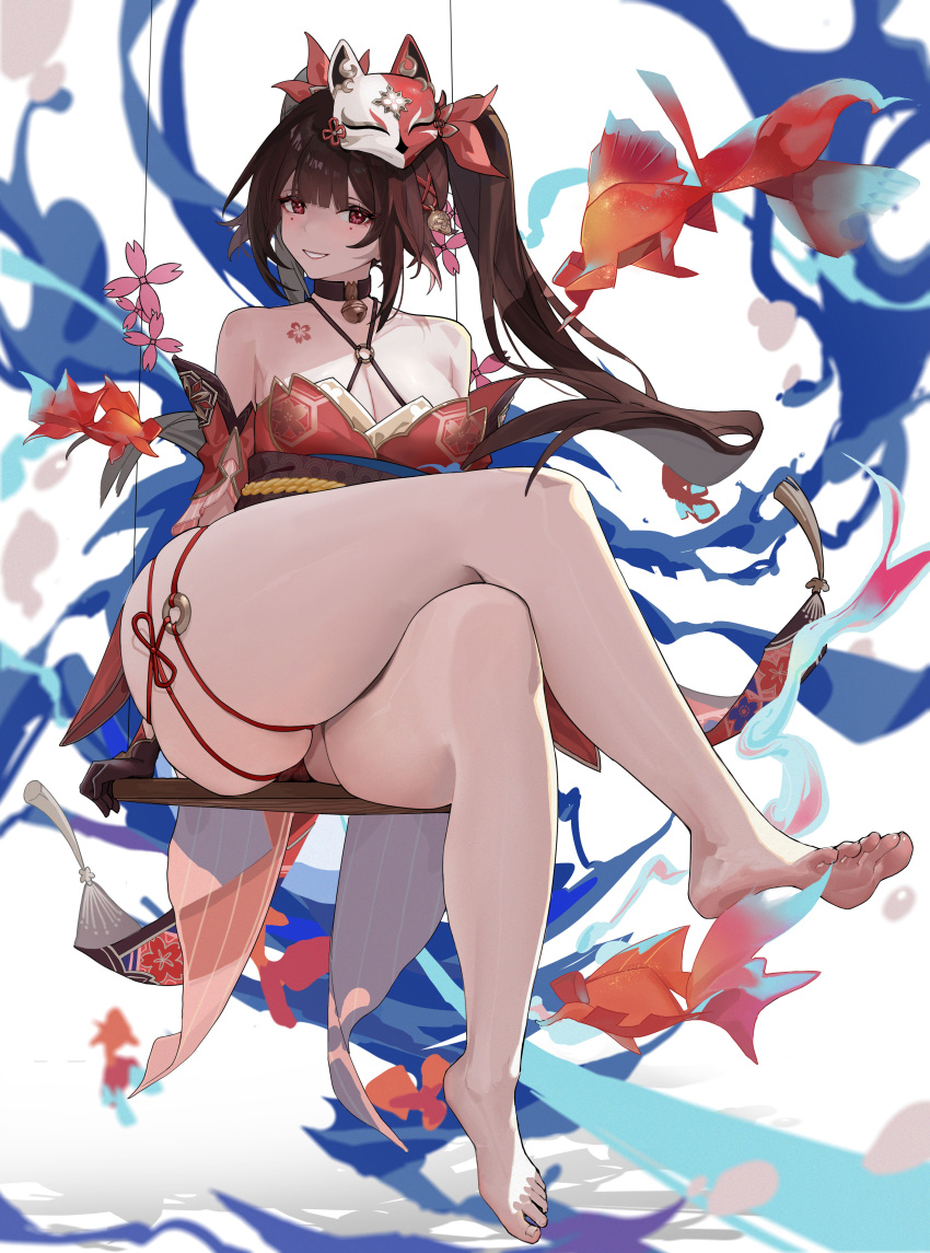 1girl absurdres bare_shoulders barefoot bell black_choker breasts choker cleavage commentary_request detached_sleeves dress flower_tattoo fox_mask full_body highres honkai:_star_rail honkai_(series) i_am_not_a_cat koi large_breasts long_hair looking_at_viewer mask mask_on_head mole mole_under_each_eye mole_under_eye multiple_moles neck_bell partial_commentary red_dress simple_background sitting sleeveless sleeveless_dress smile soles solo sparkle_(honkai:_star_rail) swing_set tattoo thick_thighs thighs toes white_background