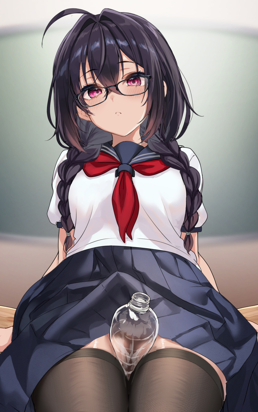 1girl absurdres ahoge between_thighs black-framed_eyewear black_hair black_thighhighs blue_sailor_collar blue_skirt braid breasts closed_mouth commentary_request crossed_bangs frown glasses hair_between_eyes highres light_blush long_hair looking_at_viewer low_twin_braids medium_breasts neckerchief original pink_eyes plastic_bottle pleated_skirt puffy_short_sleeves puffy_sleeves red_neckerchief sailor_collar school_uniform shirt short_sleeves sitting skirt solo thighhighs twin_braids white_shirt yufou