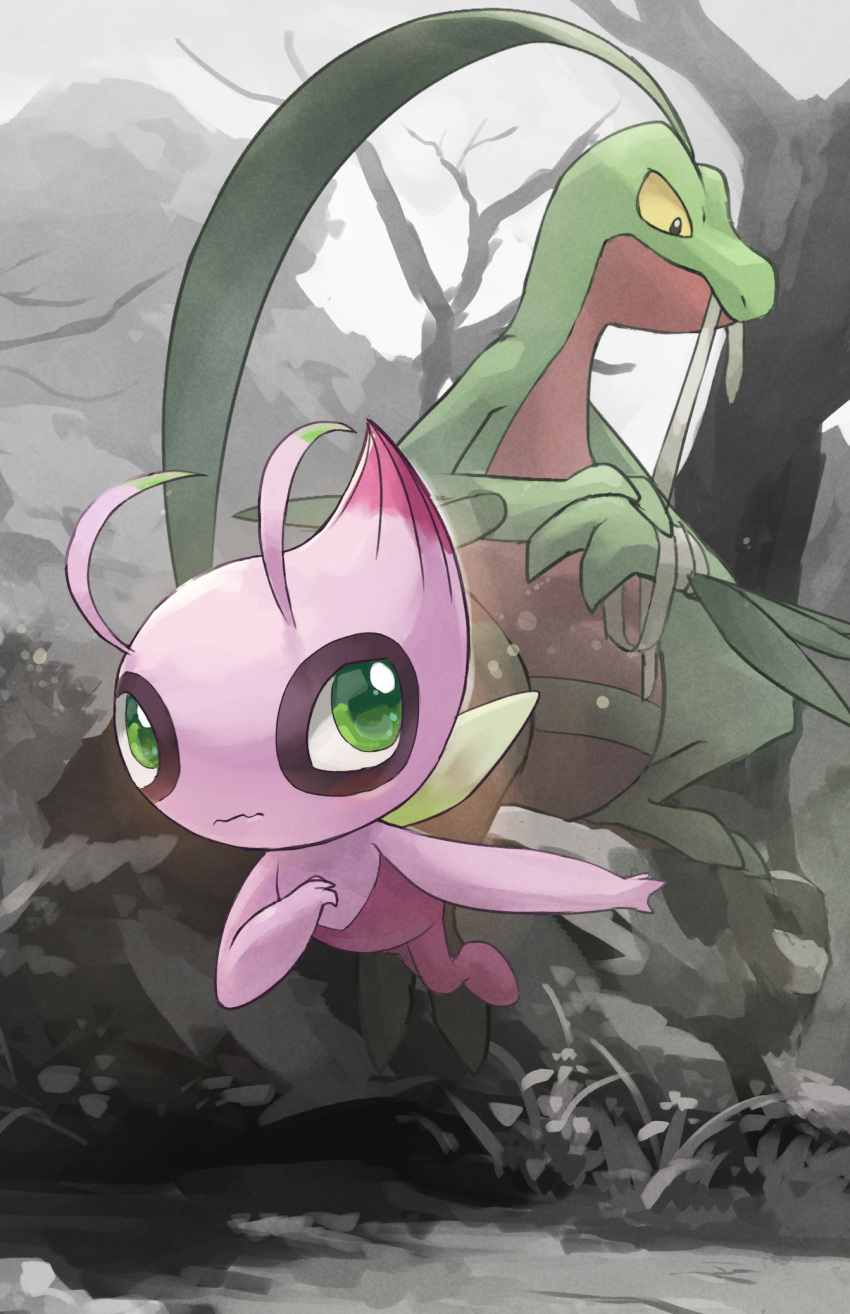 alternate_color bandages celebi colored_skin commentary_request fairy_wings flying green_eyes green_skin grovyle hakkentai_pokedan highres no_humans pink_skin pokemon pokemon_(creature) shiny_pokemon sitting tree wings yellow_eyes