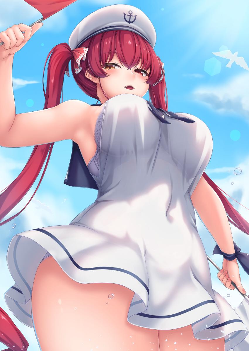 1girl absurdres armpits bangs blush bra breasts dress eyebrows_visible_through_hair flag heterochromia highres hololive houshou_marine large_breasts long_hair looking_at_viewer open_mouth red_eyes red_flag sailor_collar sailor_dress shirt sleeveless sleeveless_shirt smile solo tousaki_(tousakiworks) twintails underwear virtual_youtuber white_bra white_flag white_shirt yellow_eyes