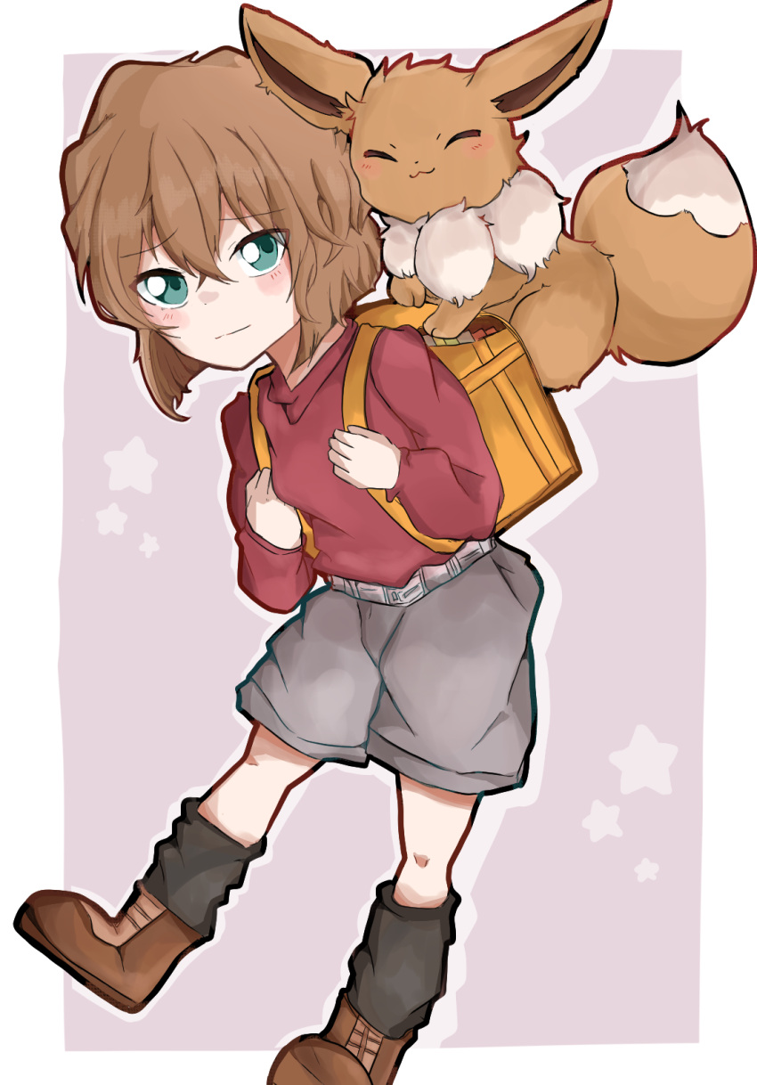 1girl backpack bag black_leg_warmers blush border brown_footwear brown_fur brown_hair closed_eyes closed_mouth eevee green_eyes grey_shorts haibara_ai hair_between_eyes highres leaning_forward long_sleeves looking_at_viewer meitantei_conan outline outside_border pink_background pokemon red_shirt shirt short_hair shorts solo star_(symbol) utrs2348 white_border white_outline yellow_bag