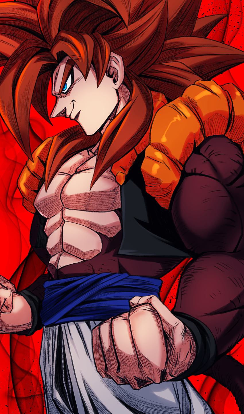 1boy absurdres aura black_vest blue_eyes blue_sash brown_fur clenched_hands cowboy_shot cropped_vest dragon_ball dragon_ball_gt from_above from_side gogeta highres long_hair looking_at_viewer male_focus metamoran_vest monkey_tail muscular muscular_male no_shirt pants red_background red_hair sash simple_background smirk solo spiked_hair super_saiyan super_saiyan_4 tail vest white_pants yuuri_(fukuroudou)