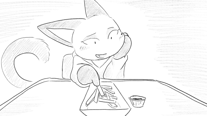 16:9 animal_crossing anthro biped blush clothed clothing domestic_cat dragonweirdo felid feline felis female food fries front_view fur hi_res mammal monochrome nintendo olivia_(animal_crossing) open_mouth open_smile sitting smile solo tail widescreen