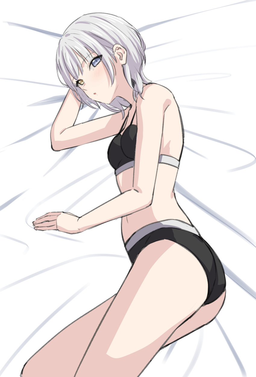 1girl absurdres bang_dream! bang_dream!_it's_mygo!!!!! black_bra black_panties blue_eyes blush bra breasts commentary_request heterochromia highres kaname_raana korean_commentary looking_at_viewer lying navel on_side open_mouth panties ptal short_hair small_breasts solo stomach underwear underwear_only white_hair yellow_eyes