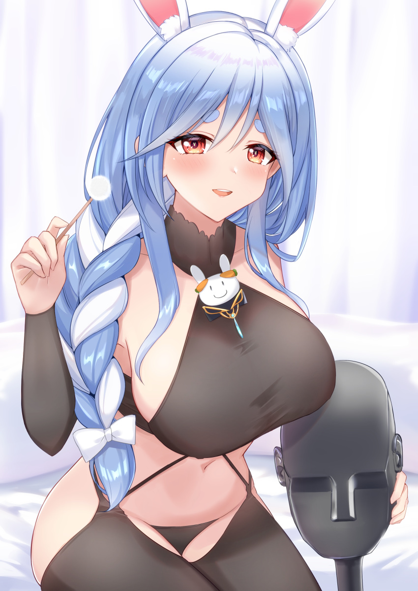 1girl absurdres animal_ear_fluff animal_ears asmr azur_lane binaural_microphone black_panties black_thighhighs blue_hair blush bow braid braided_ponytail breasts chen_hai_(azur_lane) chen_hai_(azur_lane)_(cosplay) chen_hai_(retrofit)_(azur_lane) cosplay hair_bow hair_over_shoulder heckler_kai highres hololive large_breasts looking_at_viewer mature_female microphone mimikaki multicolored_hair neumann_ku_100 open_mouth orange_eyes panties pekomama rabbit-shaped_pupils rabbit_ears rabbit_girl short_eyebrows smile solo streaked_hair symbol-shaped_pupils teeth thighhighs underwear upper_teeth_only virtual_youtuber white_bow white_hair