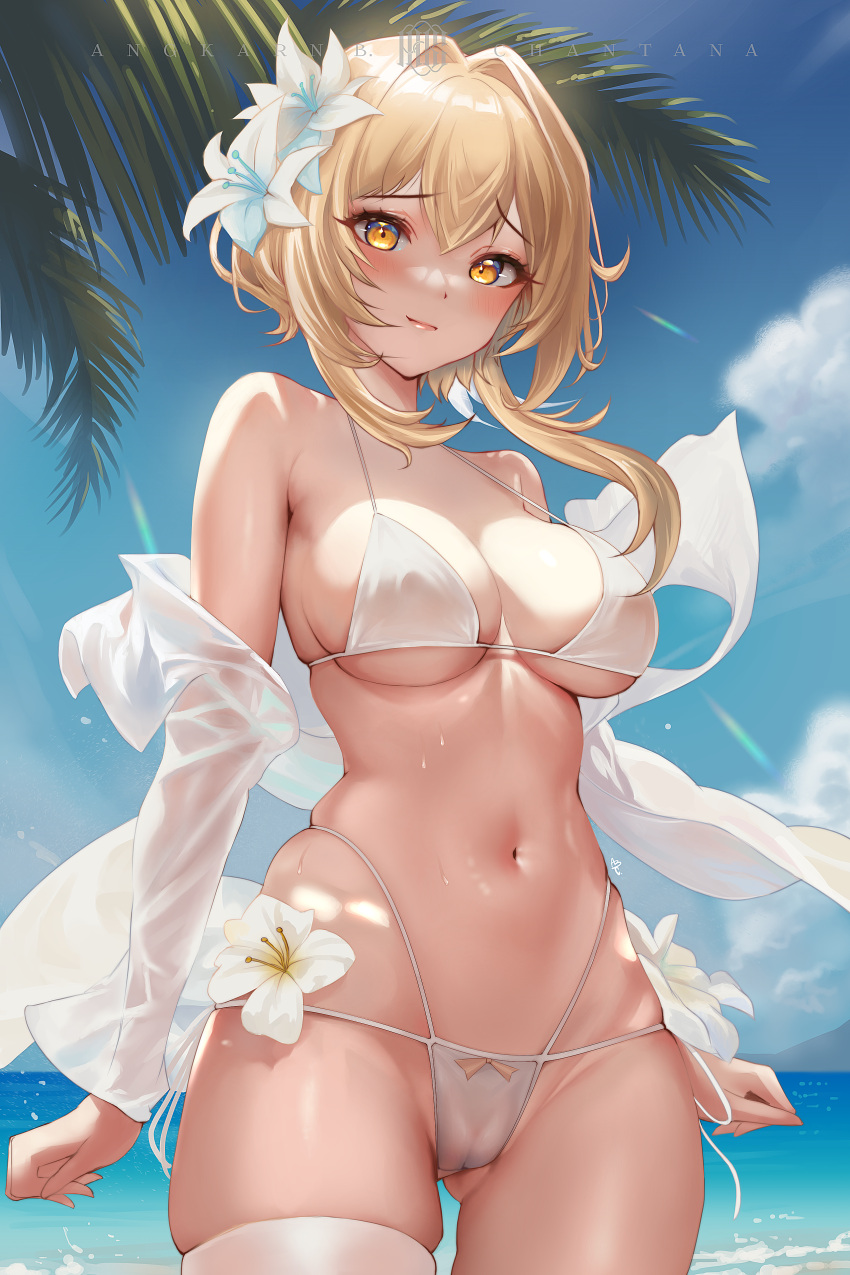 1girl abc_art absurdres arms_at_sides artist_name ass_visible_through_thighs beach bikini blonde_hair blush breasts cameltoe cleavage closed_mouth covered_nipples cowboy_shot flower from_below genshin_impact hair_between_eyes hair_flower hair_intakes hair_ornament highres looking_at_viewer lumine_(genshin_impact) making-of_available medium_breasts navel ocean open_clothes open_shirt orange_eyes shirt short_hair_with_long_locks sideboob sidelocks single_thighhigh skindentation sky smile solo string_bikini swimsuit thighhighs underboob white_bikini white_shirt wide_hips