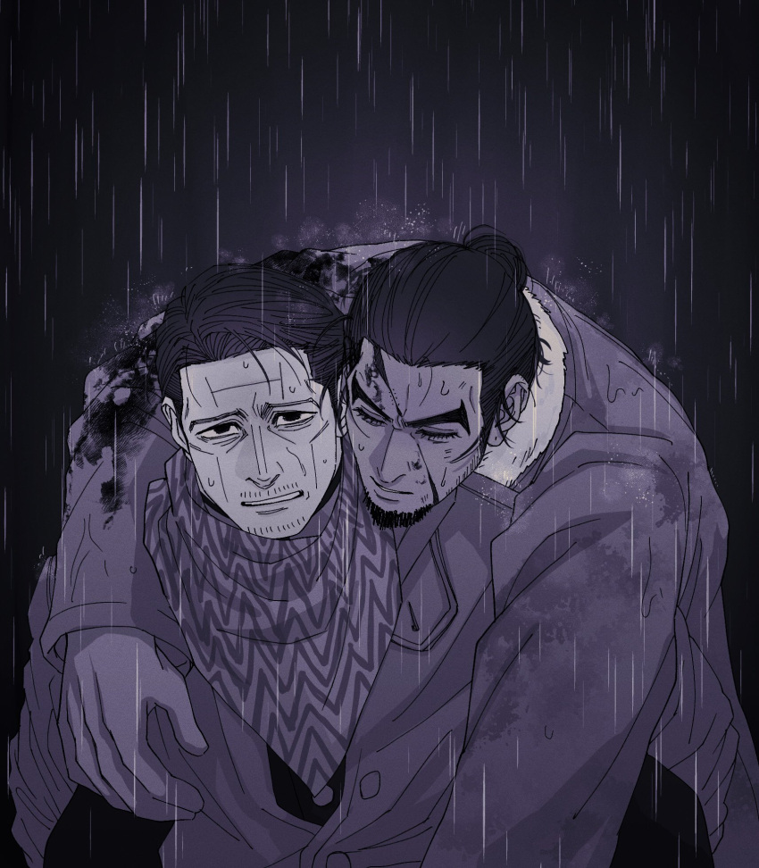 2boys black_hair blood blood_on_clothes carrying carrying_person cheekbones coat facial_hair goatee goatee_stubble golden_kamuy highres injury kikuta_mokutaro looking_ahead male_focus mature_male monochrome multiple_boys piggyback purple_theme rain redtabby222 rikimatsu_ariko scar scar_on_face scar_on_forehead scarf short_hair stubble upper_body