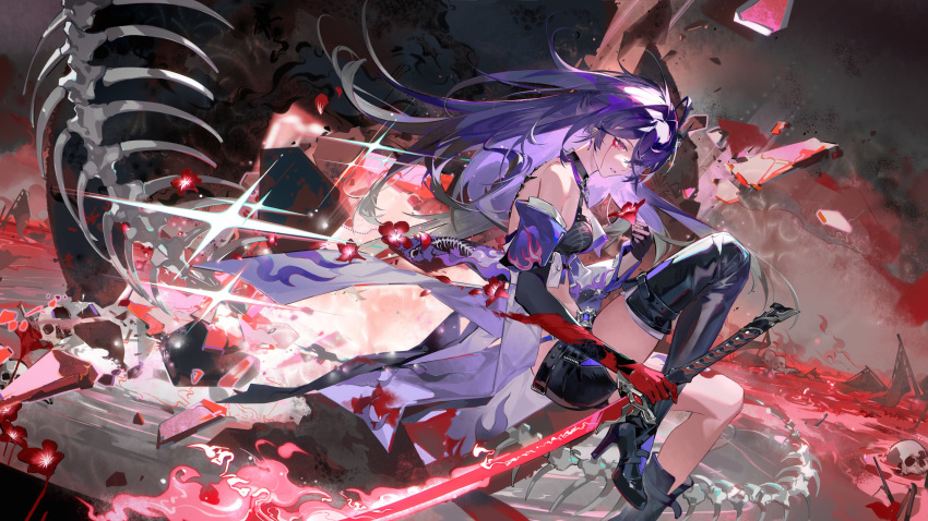 1girl acheron_(honkai:_star_rail) asymmetrical_footwear black_choker black_gloves black_shorts blood blood_from_eyes bone boots choker coat coattails detached_sleeves earrings flower gloves hair_over_one_eye highres holding holding_sword holding_weapon honkai:_star_rail honkai_(series) jewelry leg_tattoo long_hair midriff navel purple_eyes purple_hair qmthtdy red_flower short_shorts shorts single_bare_shoulder single_earring sitting skeleton skull solo stomach sword tattoo thigh_boots thighs weapon white_coat