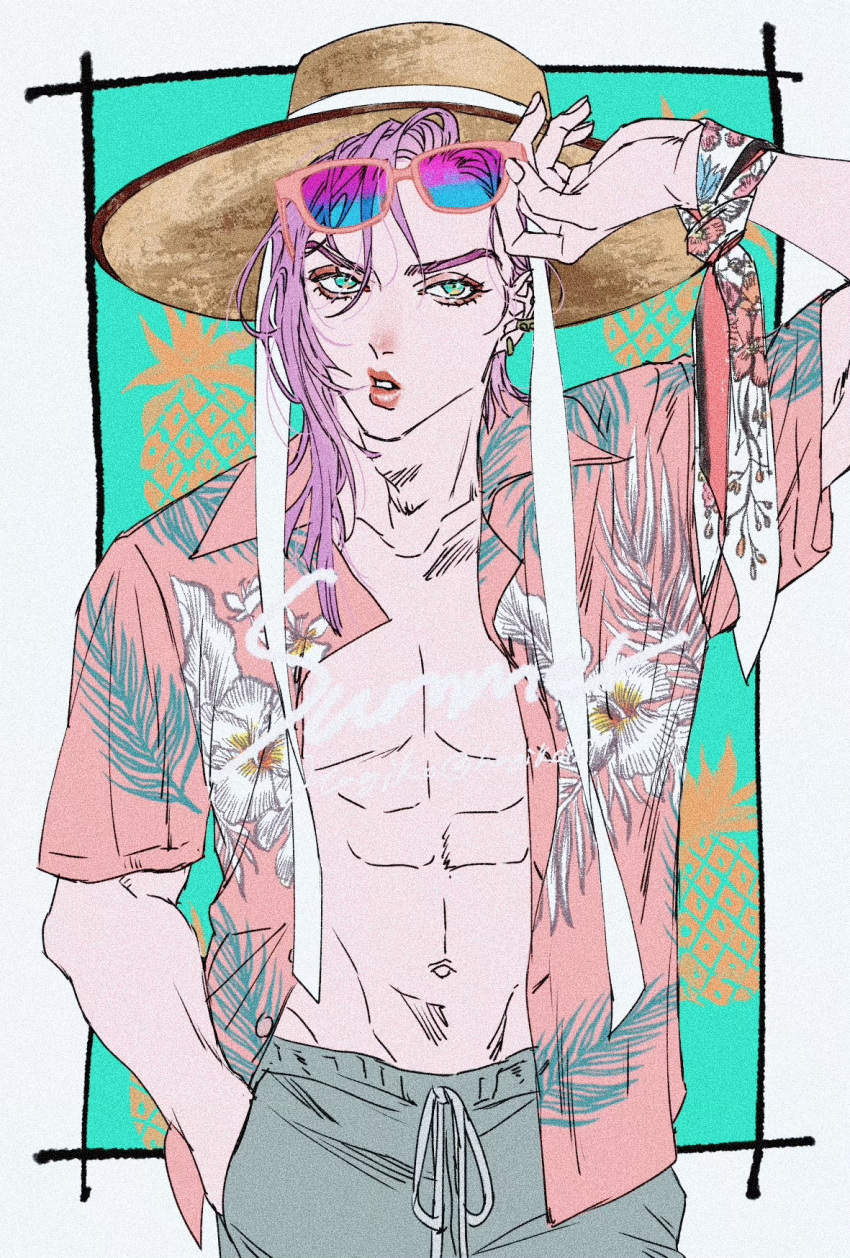 1boy adam's_apple adjusting_eyewear aegyo_sal arm_up artist_name brown_hat collarbone collared_shirt cowboy_shot eyewear_on_head food fruit hagiko15 hand_in_pocket hawaiian_shirt highres jojo_no_kimyou_na_bouken looking_at_viewer male_focus medium_hair melone multicolor-tinted_eyewear navel open_clothes open_shirt pineapple pink_hair pink_lips shirt short_sleeves shorts solo twitter_username vento_aureo